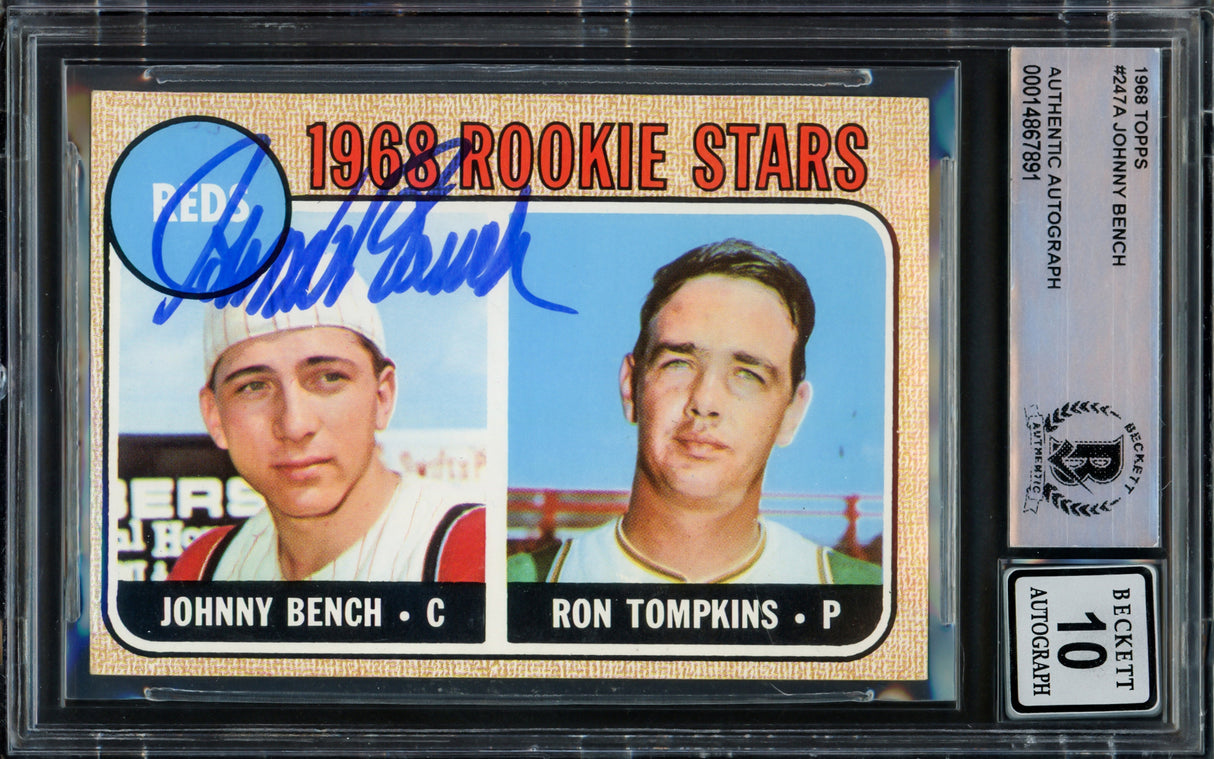 Johnny Bench Autographed 1968 Topps Rookie Card #247 Cincinnati Reds Auto Grade Gem Mint 10 Beckett BAS #14867891