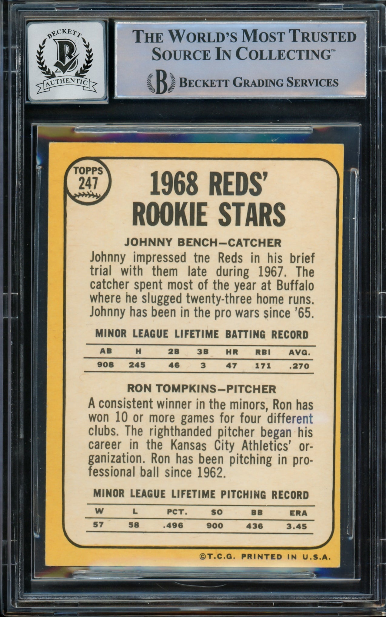 Johnny Bench Autographed 1968 Topps Rookie Card #247 Cincinnati Reds Auto Grade Gem Mint 10 Beckett BAS #14867897