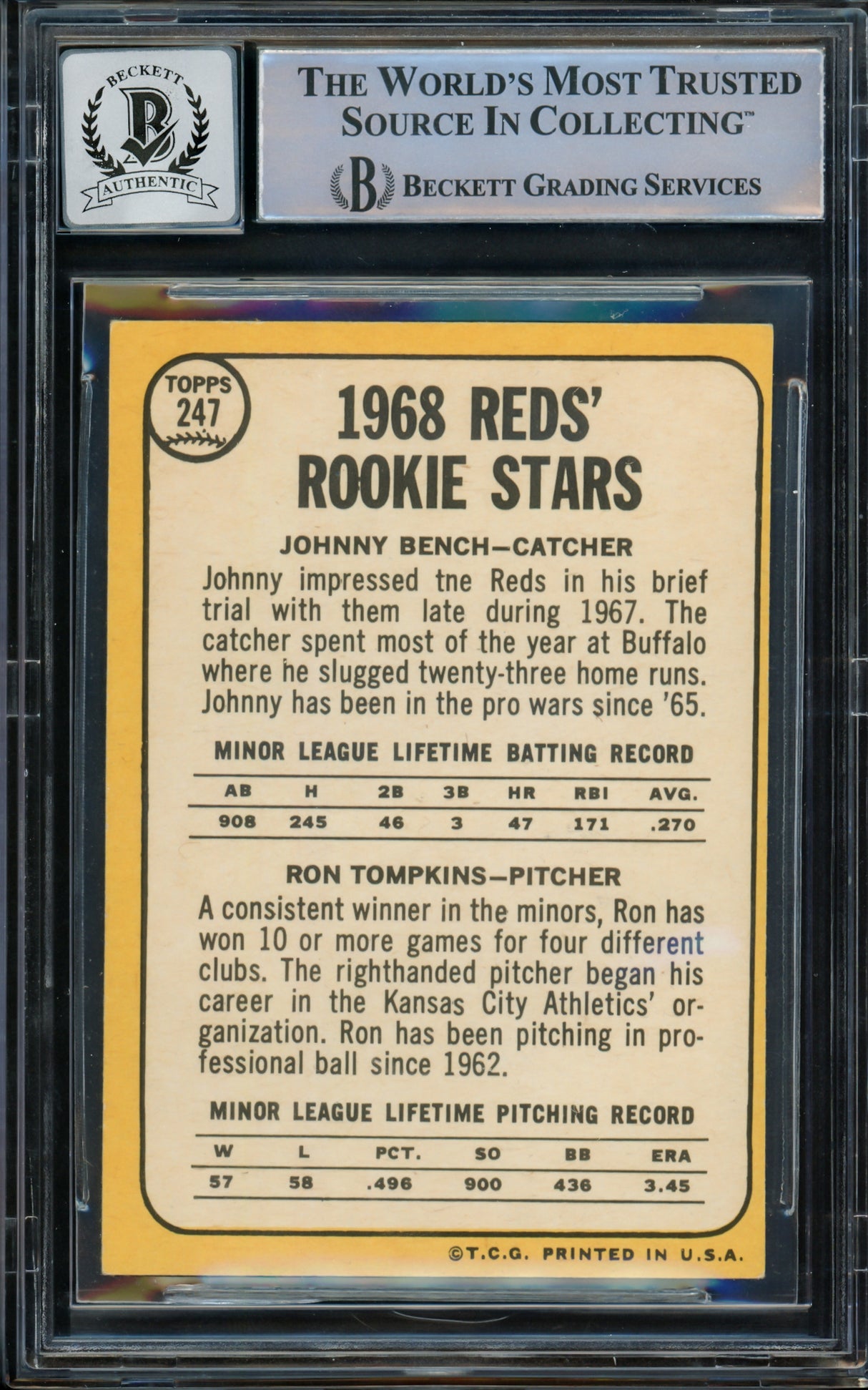 Johnny Bench Autographed 1968 Topps Rookie Card #247 Cincinnati Reds Auto Grade Gem Mint 10 Beckett BAS #14867897