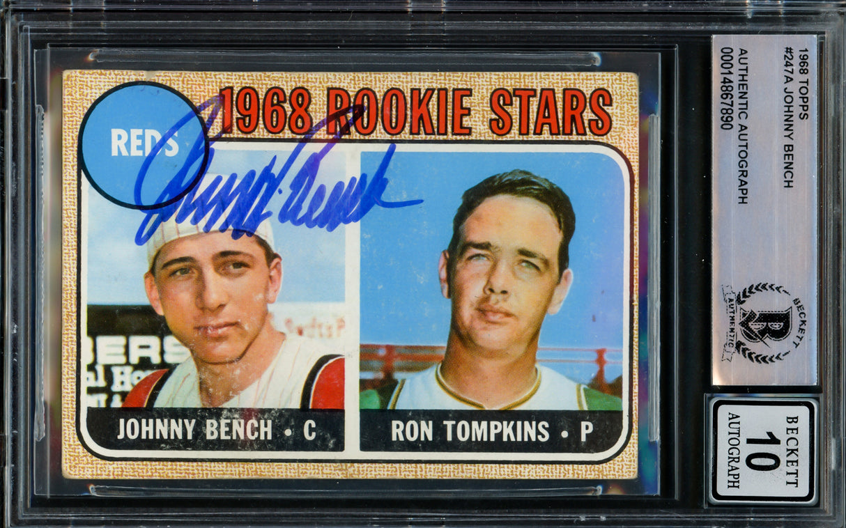 Johnny Bench Autographed 1968 Topps Rookie Card #247 Cincinnati Reds Auto Grade Gem Mint 10 Beckett BAS #14867890