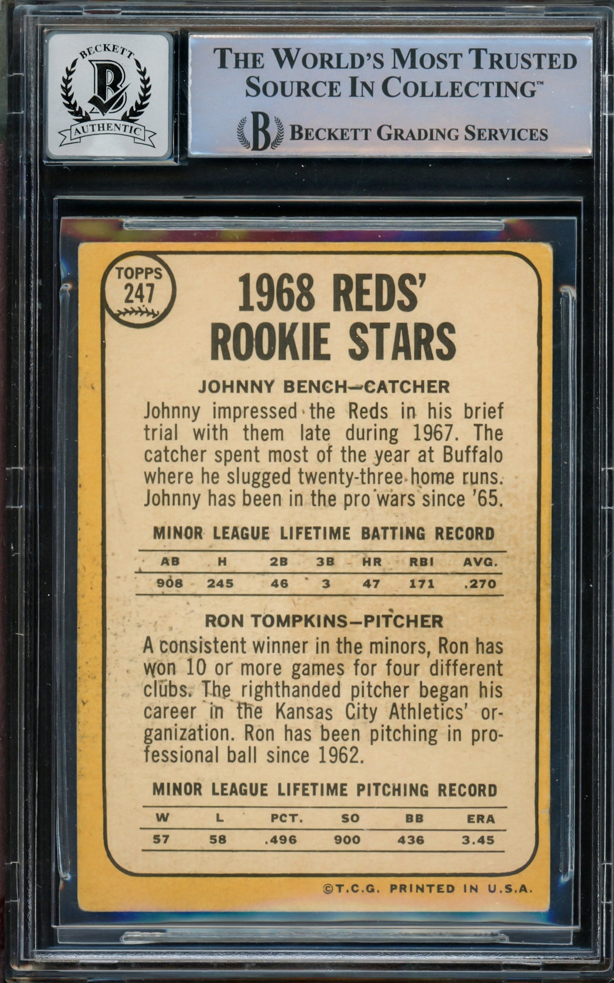 Johnny Bench Autographed 1968 Topps Rookie Card #247 Cincinnati Reds Auto Grade Gem Mint 10 Beckett BAS #14867890