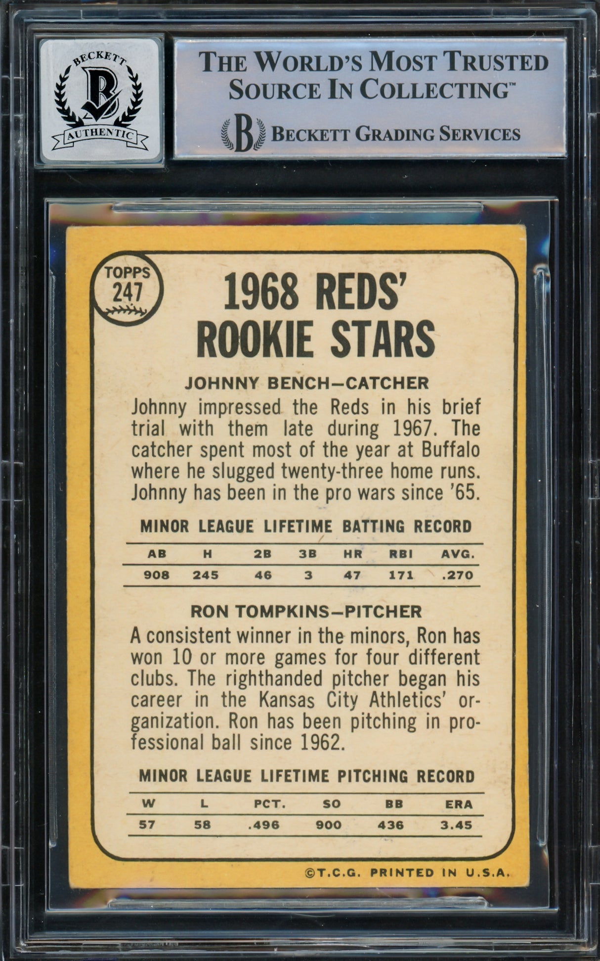 Johnny Bench Autographed 1968 Topps Rookie Card #247 Cincinnati Reds Auto Grade Gem Mint 10 (Off Condition) Beckett BAS #14867872