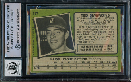 Ted Simmons Autographed 1971 Topps Rookie Card #117 St. Louis Cardinals Auto Grade Gem Mint 10 Beckett BAS #14867948