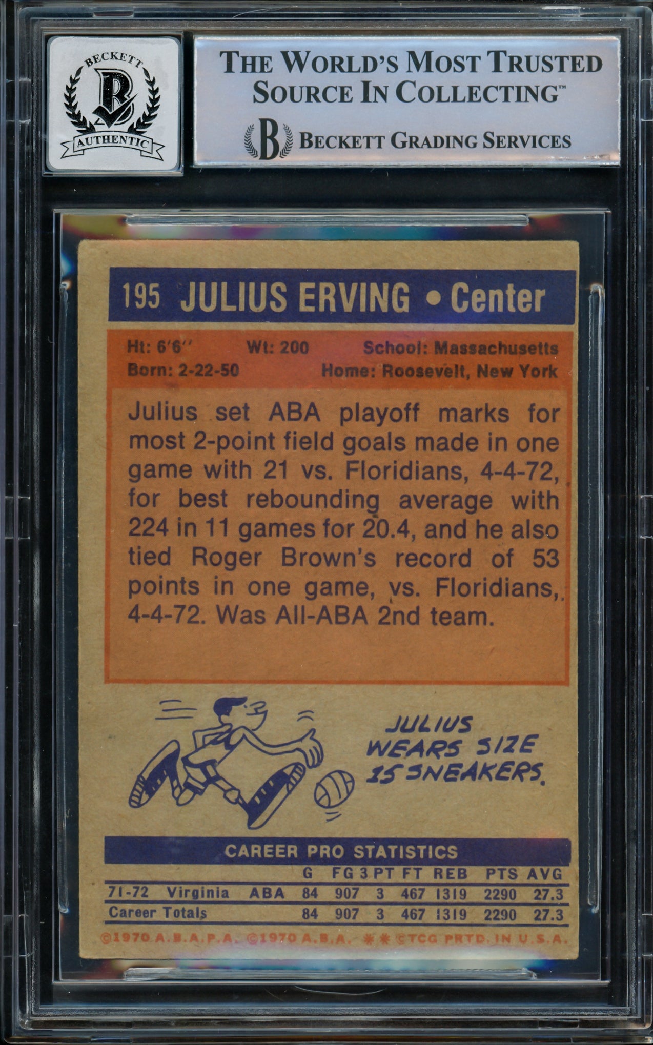 Julius Dr. J Erving Autographed 1972-73 Topps Rookie Card #195 Virginia Squires Auto Grade Gem Mint 10 Beckett BAS #14867956