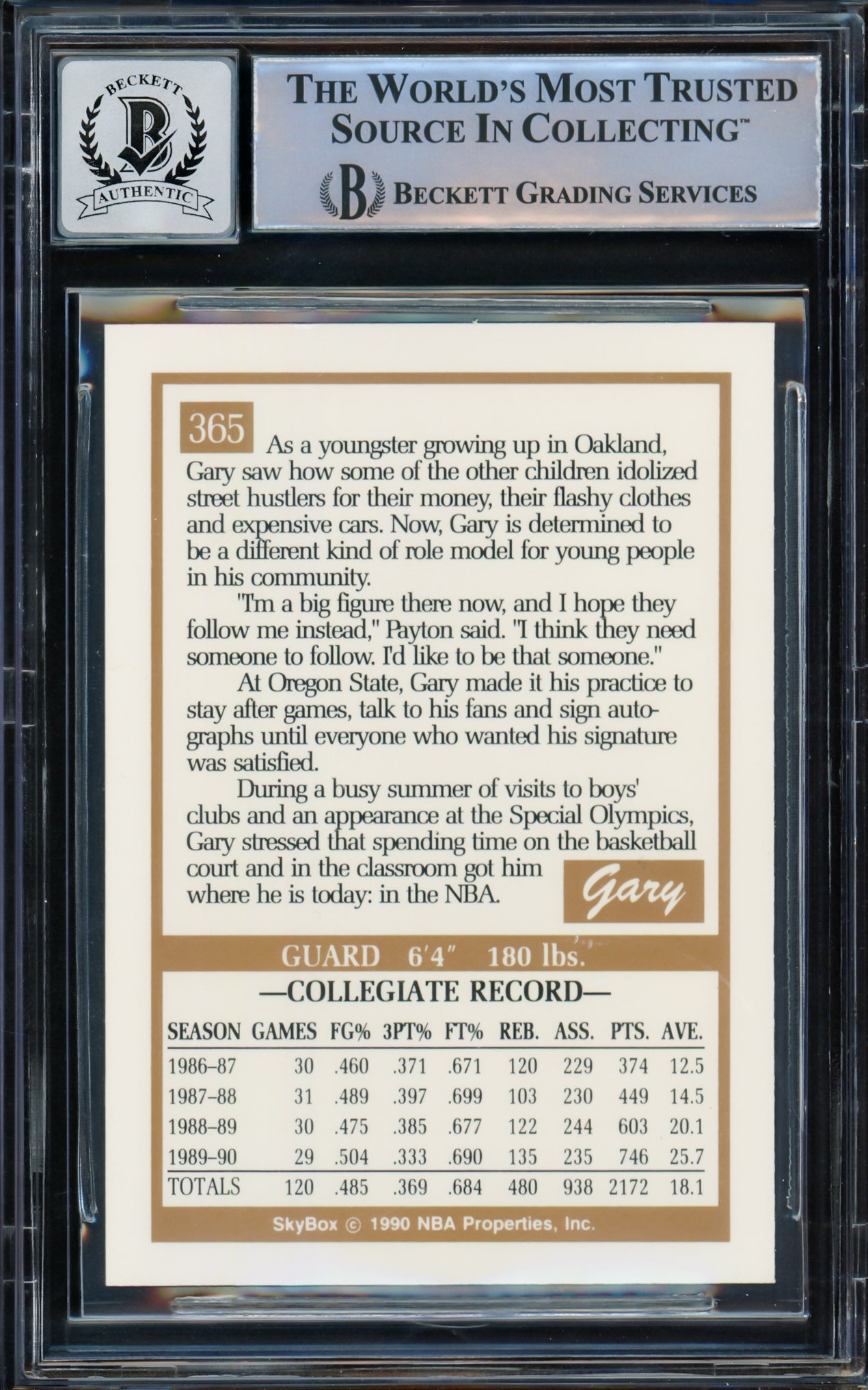 Gary Payton Autographed 1990-91 Skybox Rookie Card #365 Seattle Supersonics Auto Grade Gem Mint 10 Beckett BAS #14868874