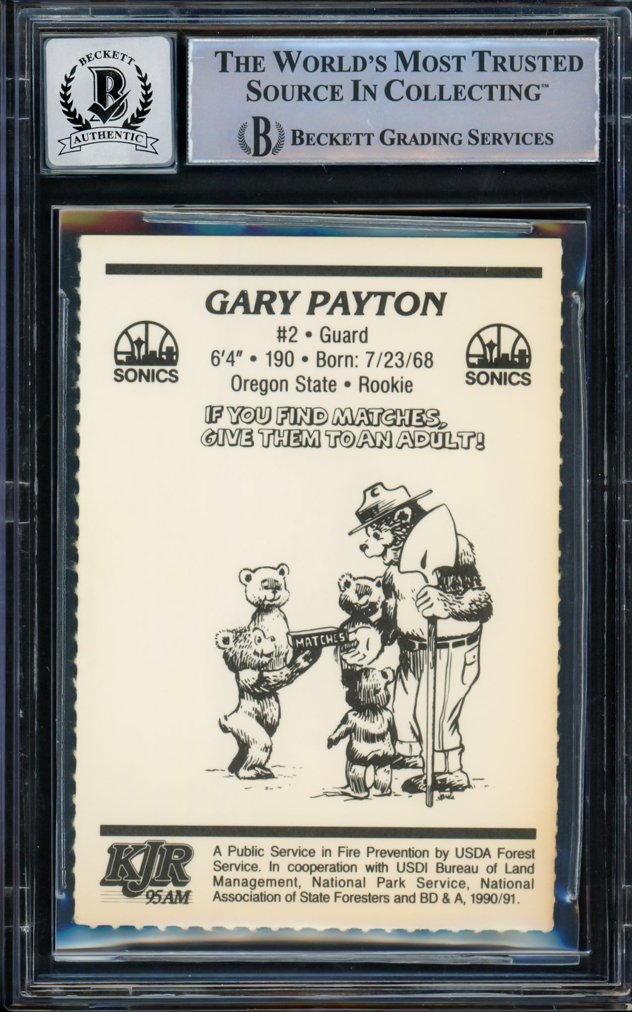 Gary Payton Autographed 1990-91 Smokey The Bear Rookie Card #14 Seattle Supersonics Auto Grade Gem Mint 10 Beckett BAS #14868893