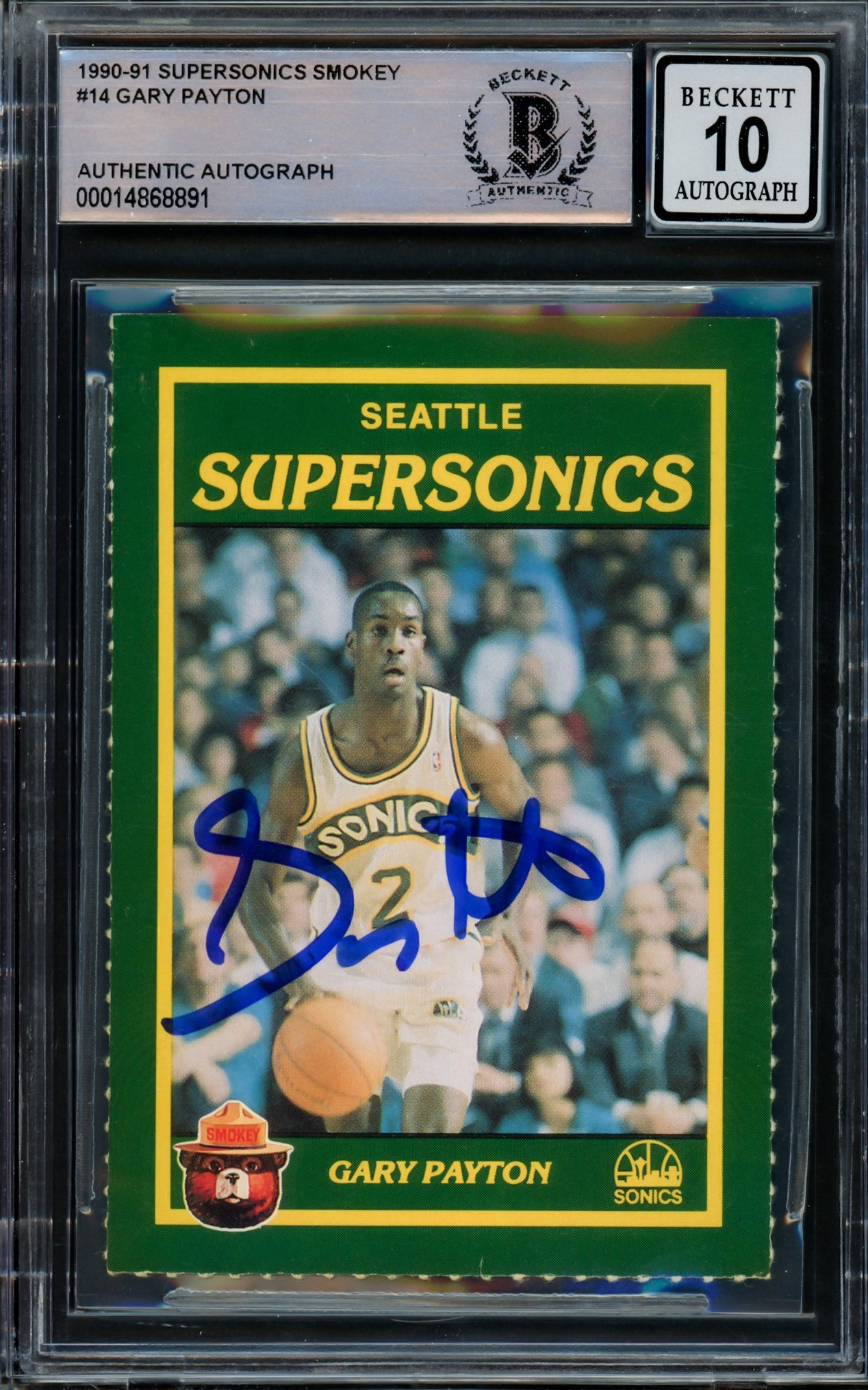 Gary Payton Autographed 1990-91 Smokey The Bear Rookie Card #14 Seattle Supersonics Auto Grade Gem Mint 10 Beckett BAS #14868891