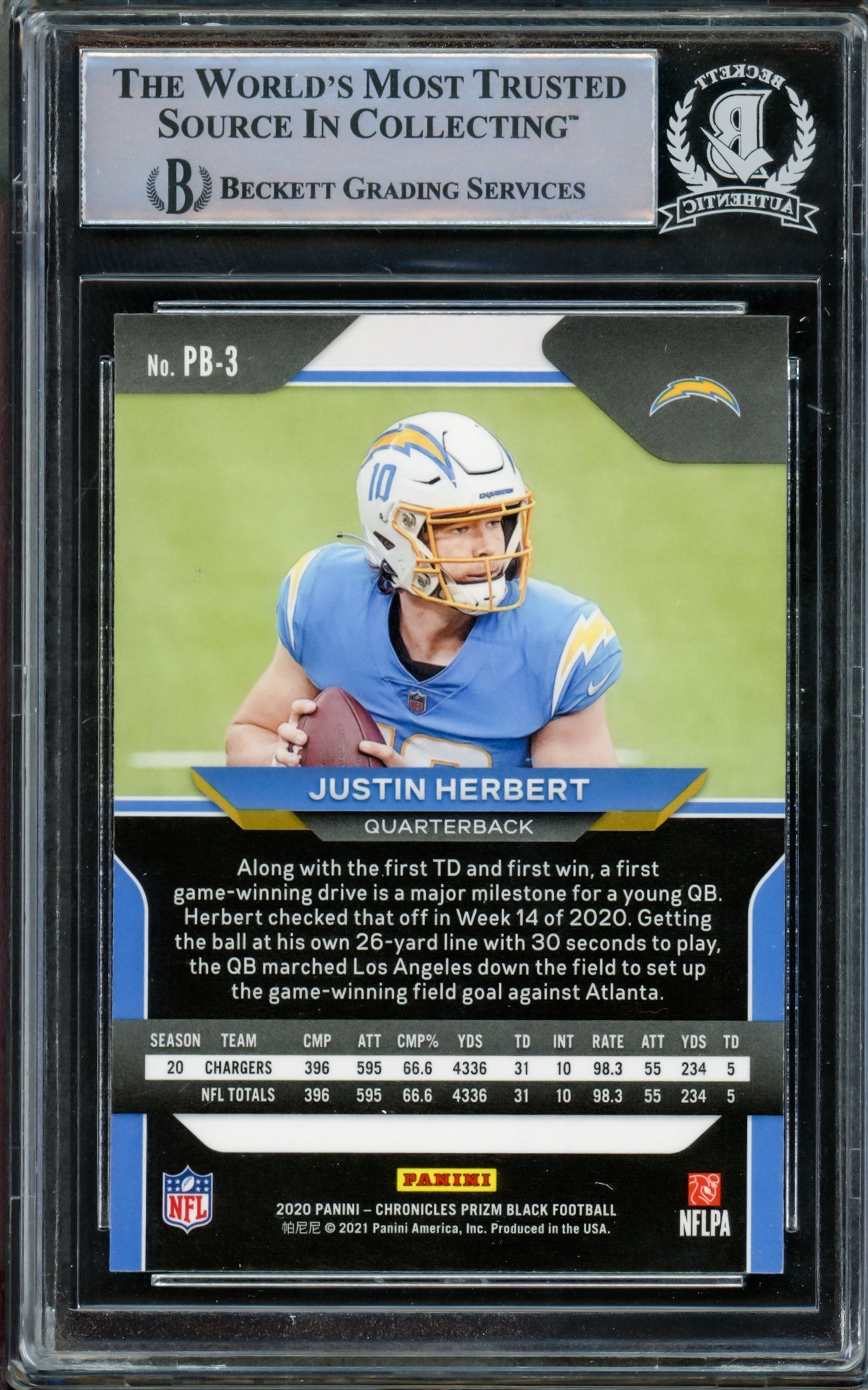 Justin Herbert Autographed 2020 Panini Prizm Black Rookie Card #PB-3 Los Angeles Chargers Beckett BAS #14860672