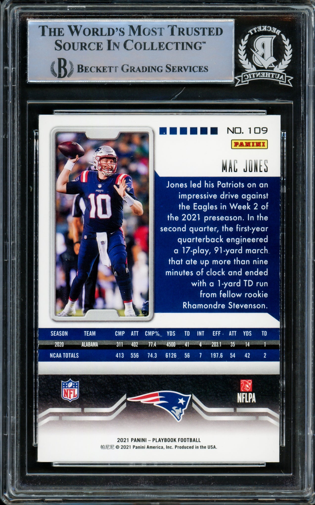 Mac Jones Autographed 2021 Panini Playbook Orange Rookie Card #109 New England Patriots Beckett BAS #14860686