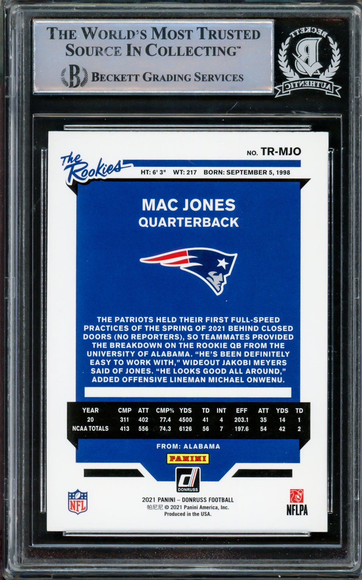 Mac Jones Autographed 2021 Panini Donruss The Rookies Rookie Card #TR-MJO New England Patriots Beckett BAS #14860687