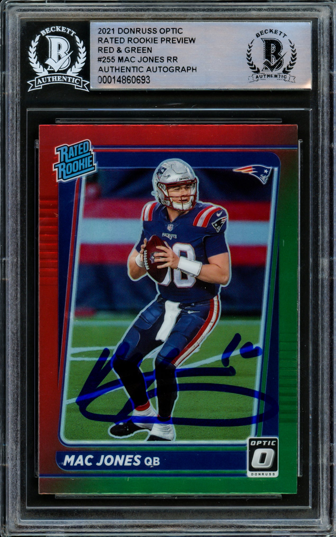 Mac Jones Autographed 2021 Donruss Optic Preview Red & Green Rookie Card #P-255 New England Patriots Beckett BAS #14860693