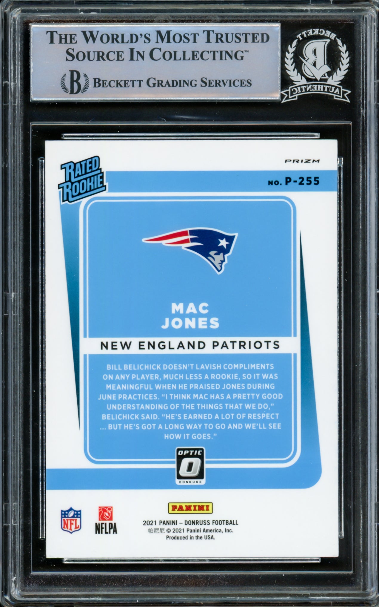 Mac Jones Autographed 2021 Donruss Optic Preview Red & Green Rookie Card #P-255 New England Patriots Beckett BAS #14860693