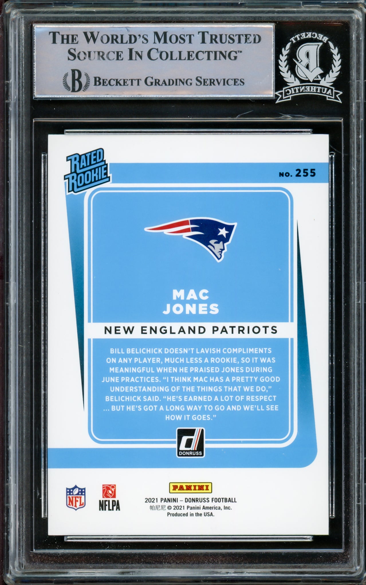 Mac Jones Autographed 2021 Donruss Rated Rookie Bronze Press Proof Rookie Card #255 New England Patriots Beckett BAS #14860788