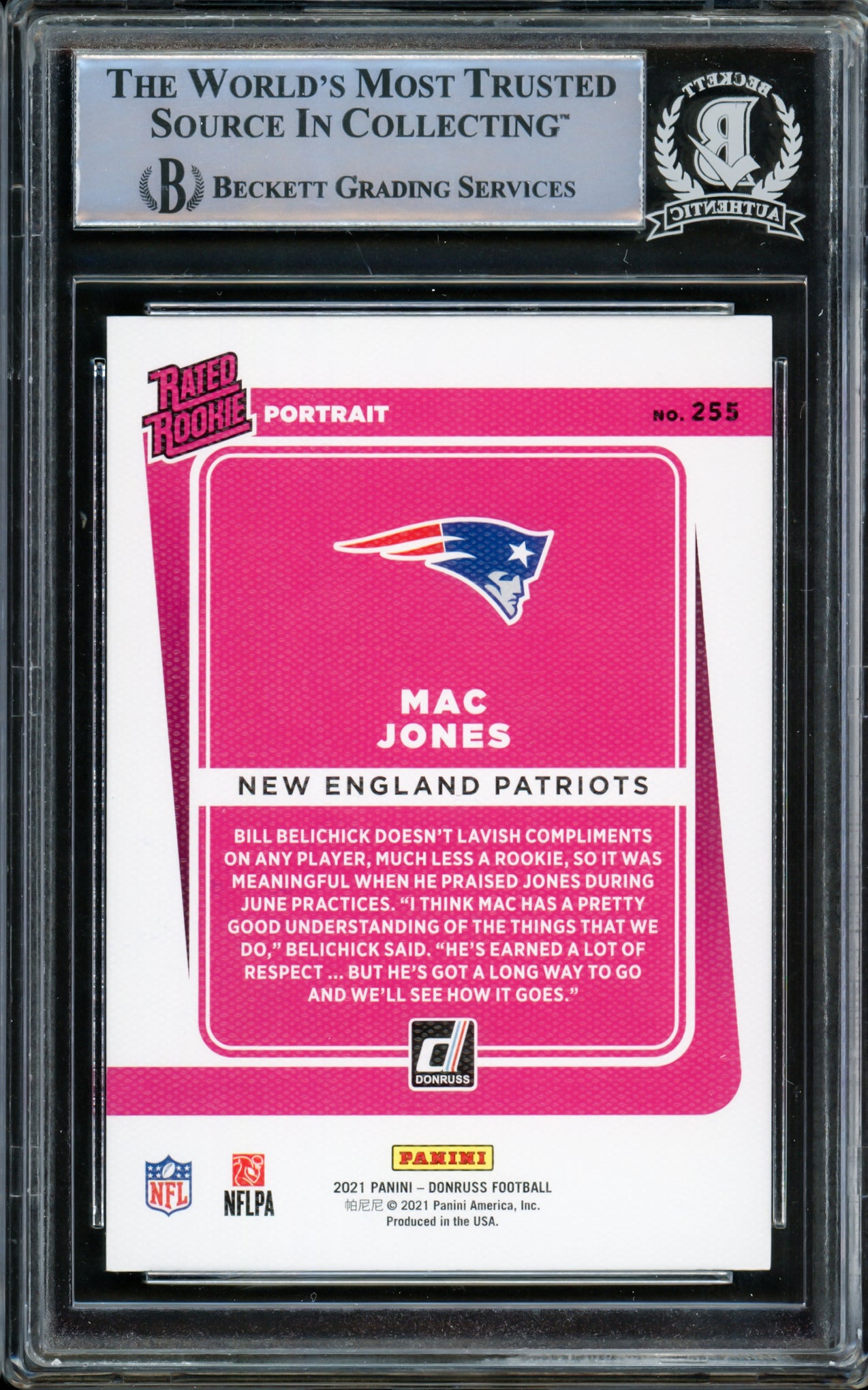 Mac Jones Autographed 2021 Donruss Rated Rookie Portrait Rookie Card #255 New England Patriots Beckett BAS #14860800