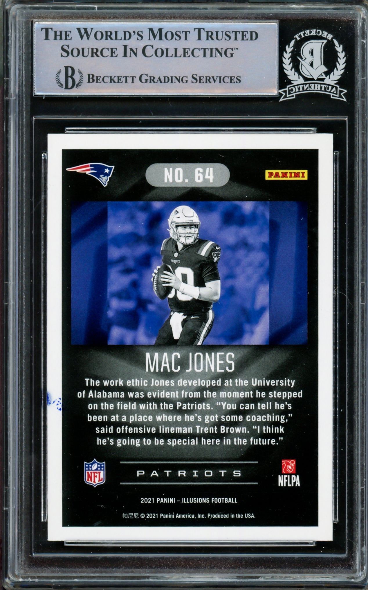 Mac Jones Autographed 2021 Panini Illusions Blue Sapphire Rookie Card #64 New England Patriots Beckett BAS #14860801