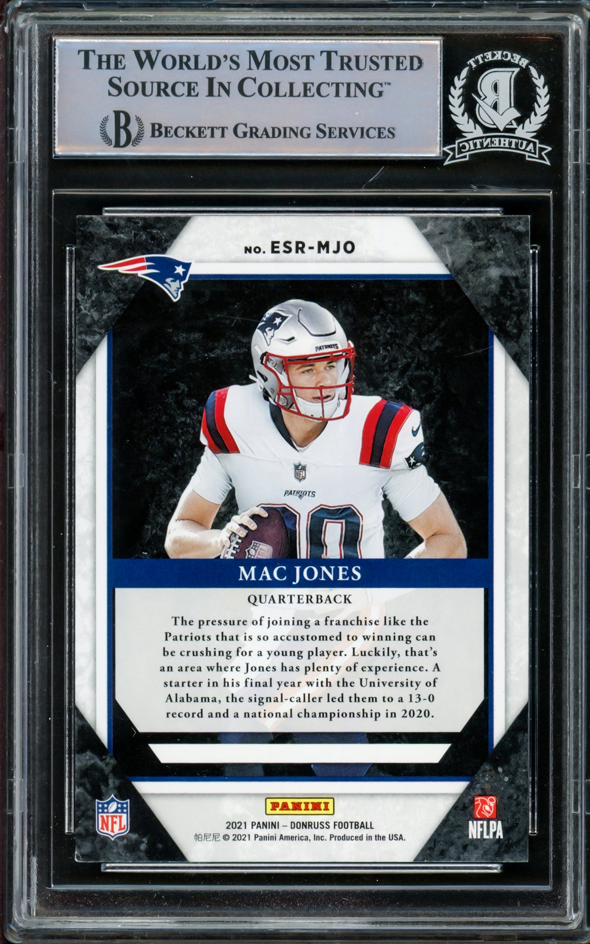 Mac Jones Autographed 2021 Donruss Elite Series Rookies Rookie Card #ESR-MJO New England Patriots Beckett BAS #14860822