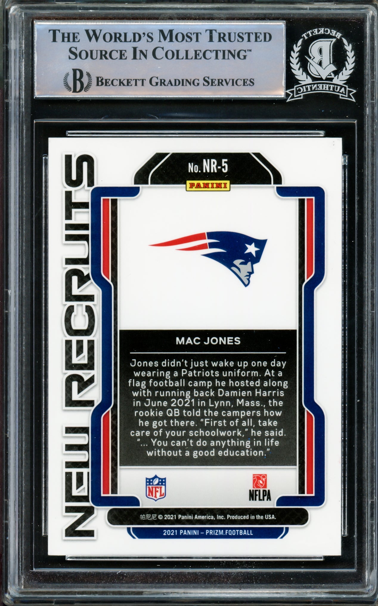Mac Jones Autographed 2021 Panini Prizm New Recruits Rookie Card #NR-5 New England Patriots Beckett BAS #14860960