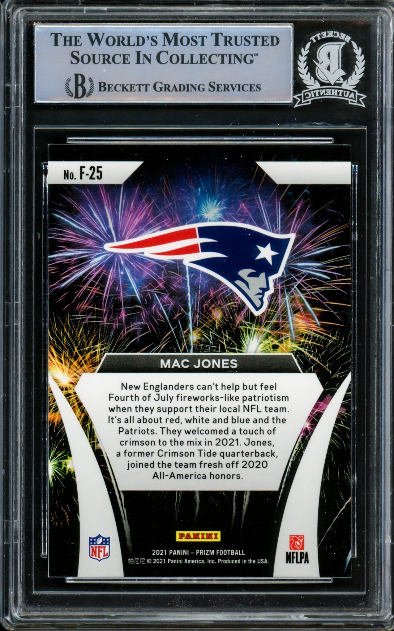 Mac Jones Autographed 2021 Panini Prizm Fireworks Rookie Card #F-25 New England Patriots Beckett BAS #14860965