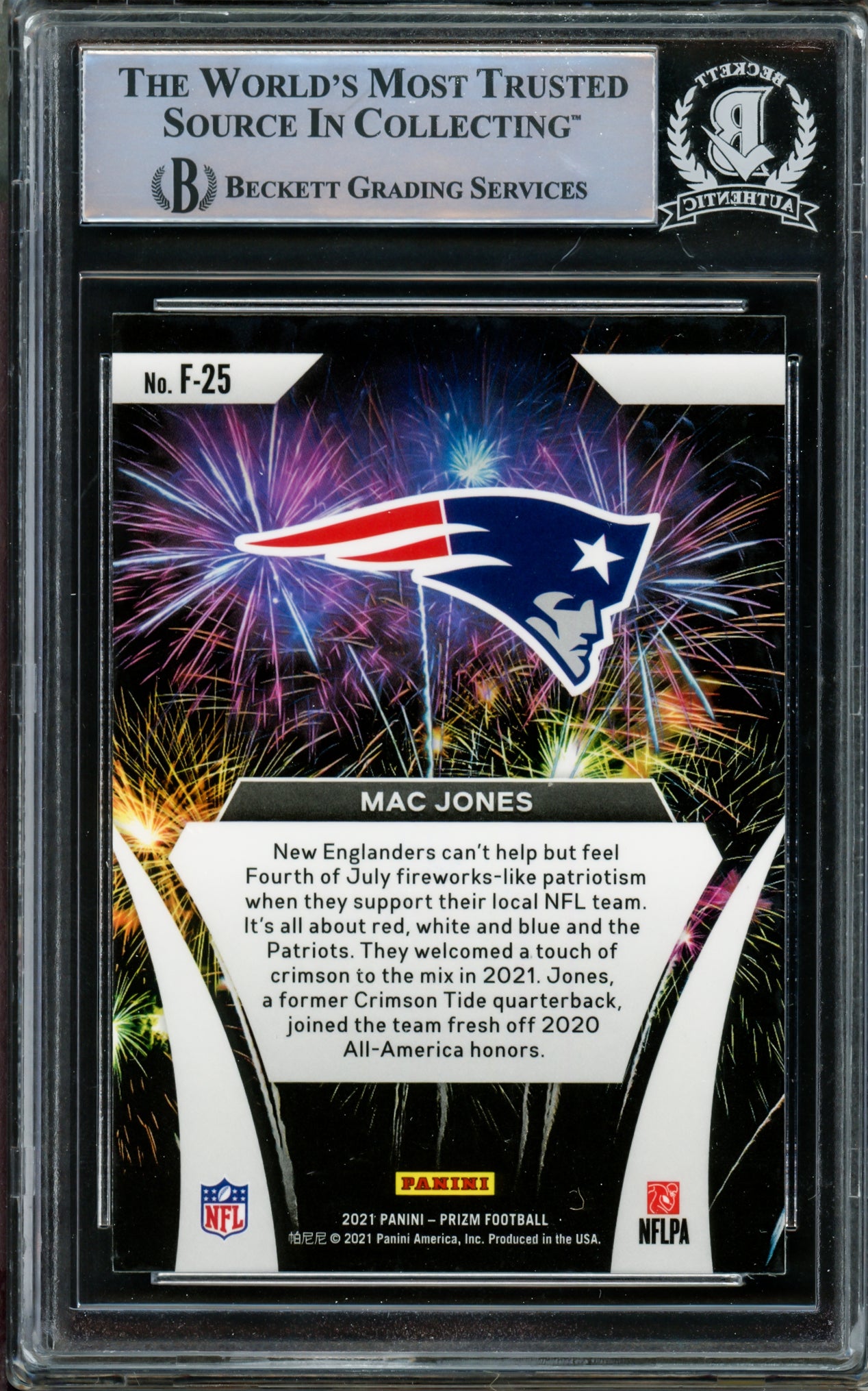 Mac Jones Autographed 2021 Panini Prizm Fireworks Rookie Card #F-25 New England Patriots Beckett BAS #14860967