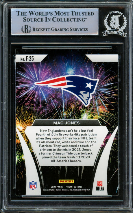 Mac Jones Autographed 2021 Panini Prizm Fireworks Rookie Card #F-25 New England Patriots Beckett BAS #14860966