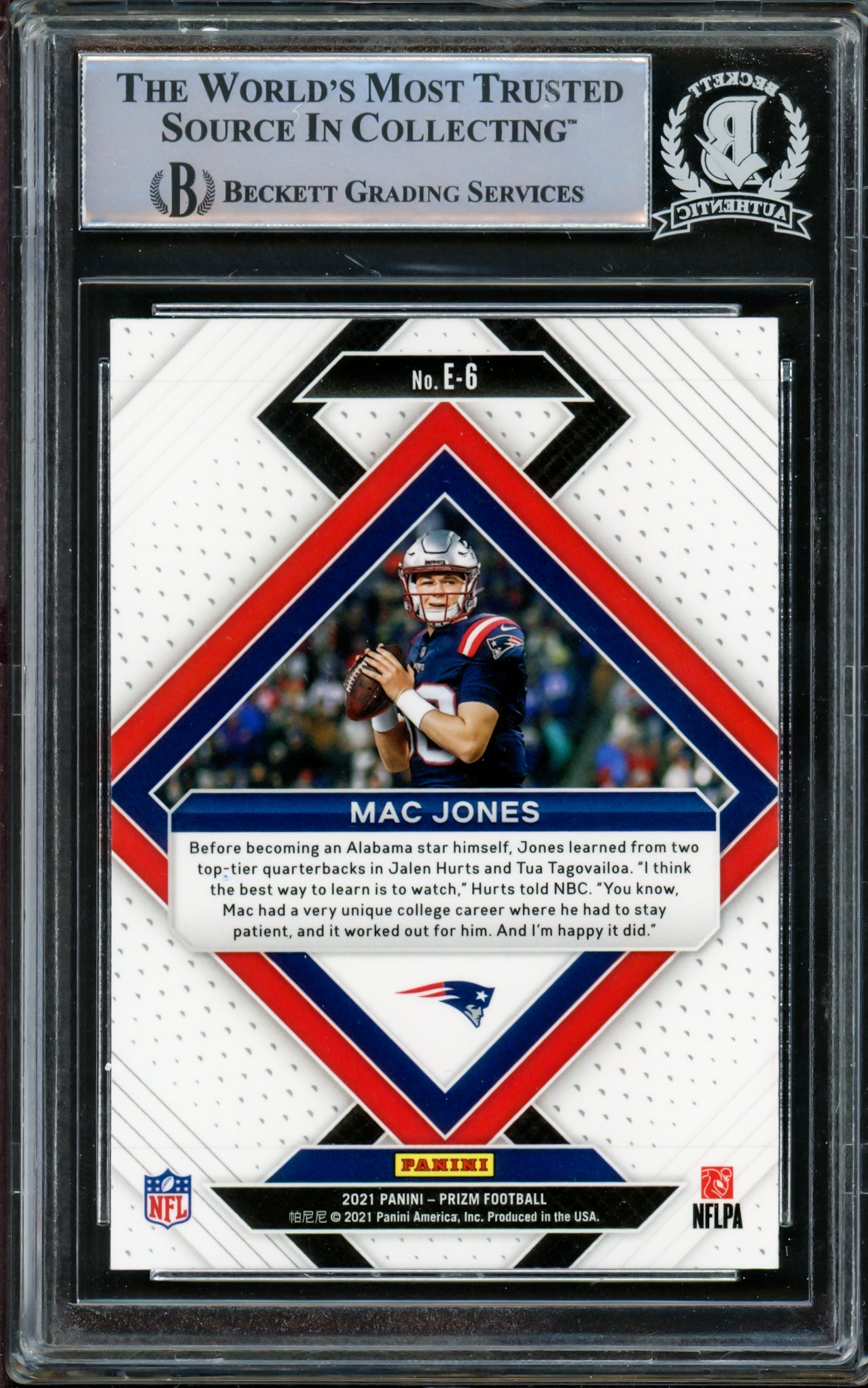 Mac Jones Autographed 2021 Panini Prizm Emergent Rookie Card #E-6 New England Patriots Beckett BAS #14860969