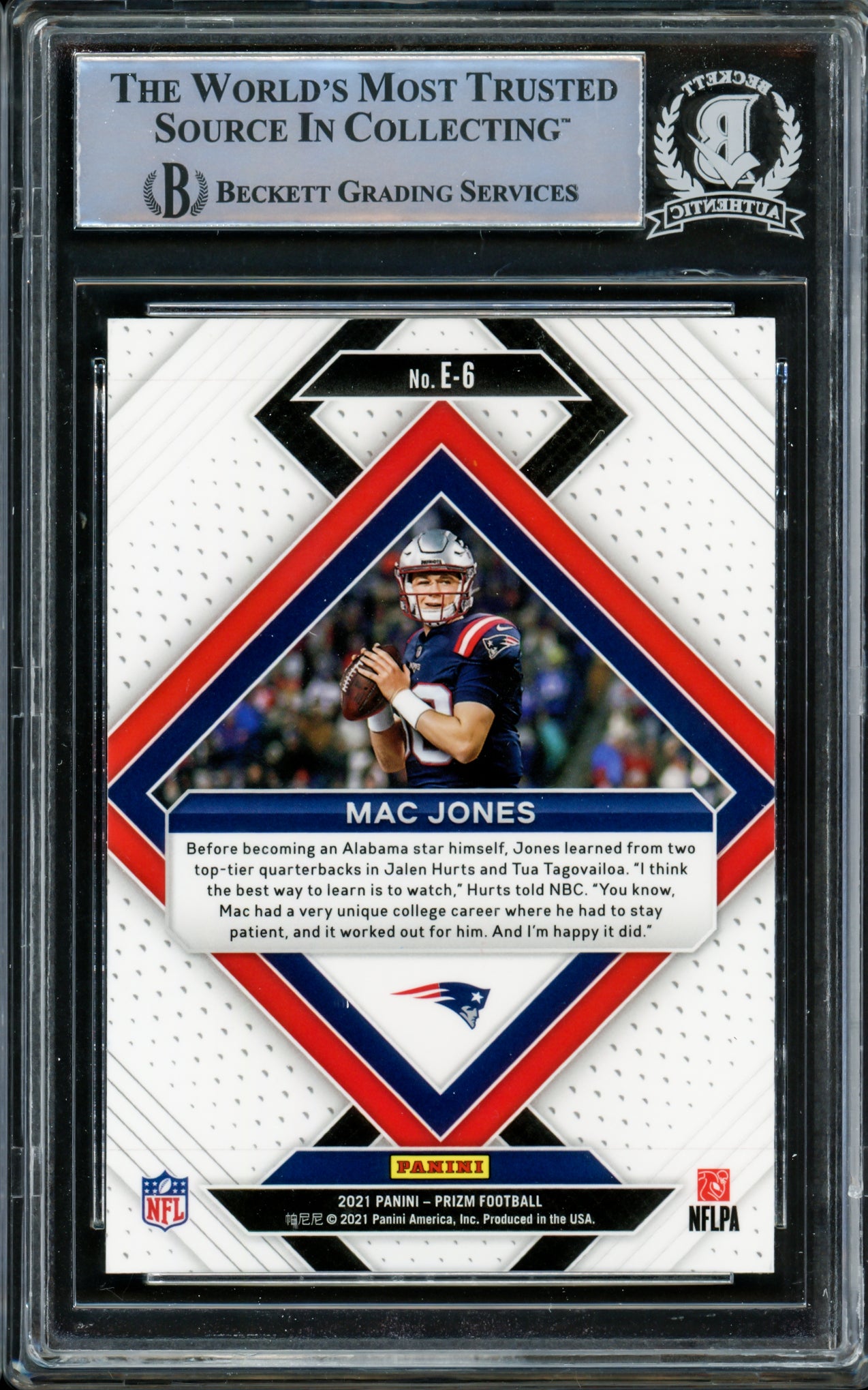 Mac Jones Autographed 2021 Panini Prizm Emergent Rookie Card #E-6 New England Patriots Beckett BAS #14860970