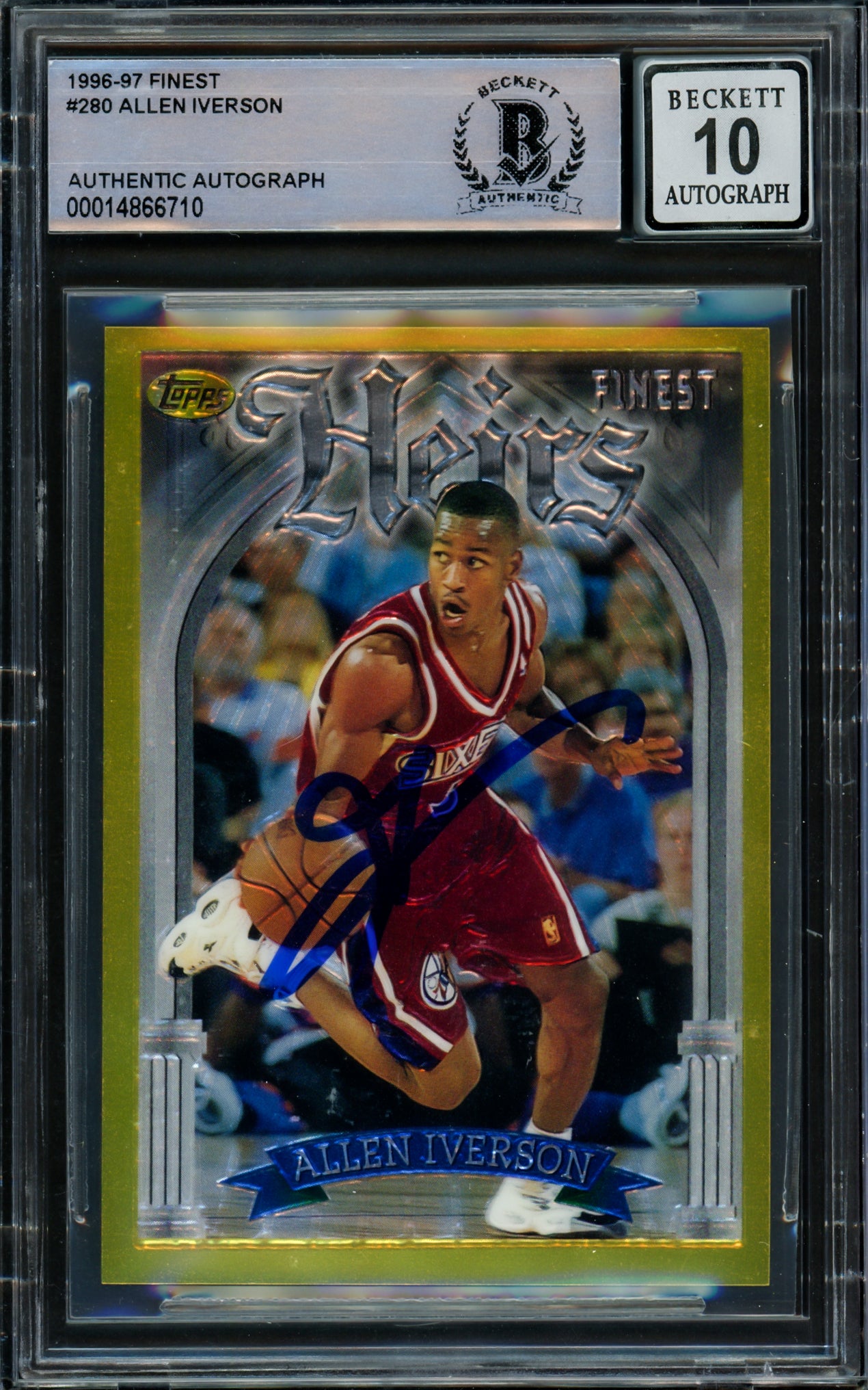 Allen Iverson Autographed 1996-97 Topps Finest Gold Rookie Card #280 Philadelphia 76ers Auto Grade Gem Mint 10 Beckett BAS #14866710