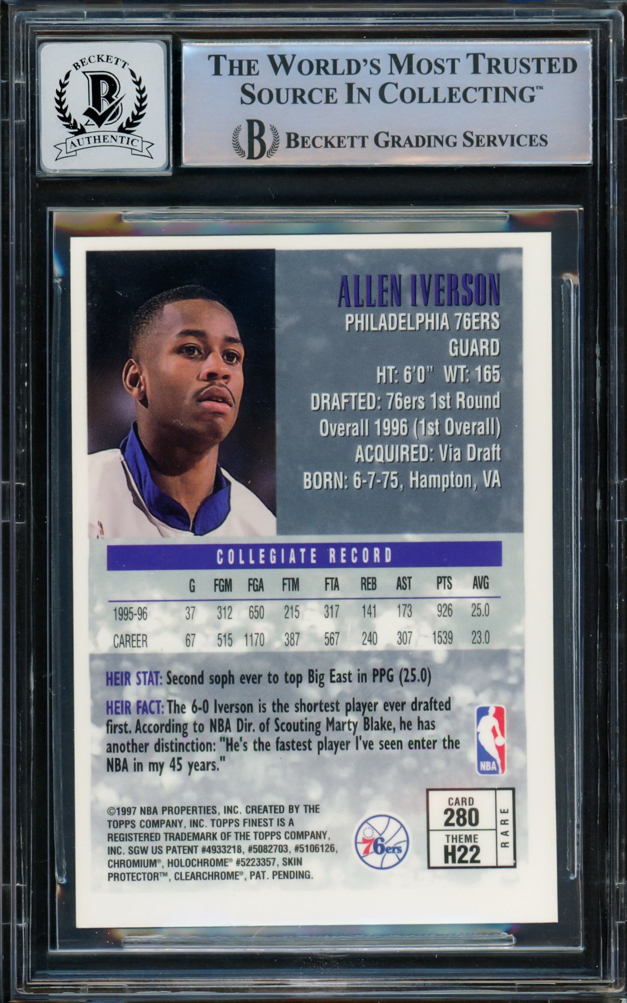 Allen Iverson Autographed 1996-97 Topps Finest Gold Rookie Card #280 Philadelphia 76ers Auto Grade Gem Mint 10 Beckett BAS #14866710