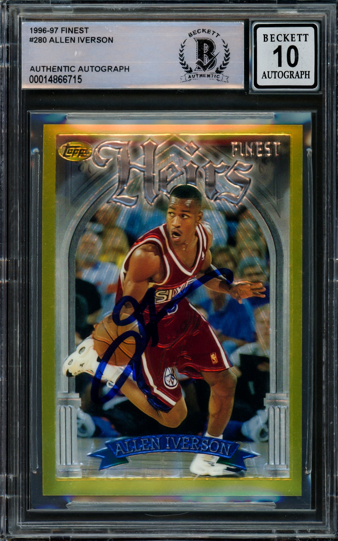 Allen Iverson Autographed 1996-97 Topps Finest Gold Rookie Card #280 Philadelphia 76ers Auto Grade Gem Mint 10 Beckett BAS #14866715