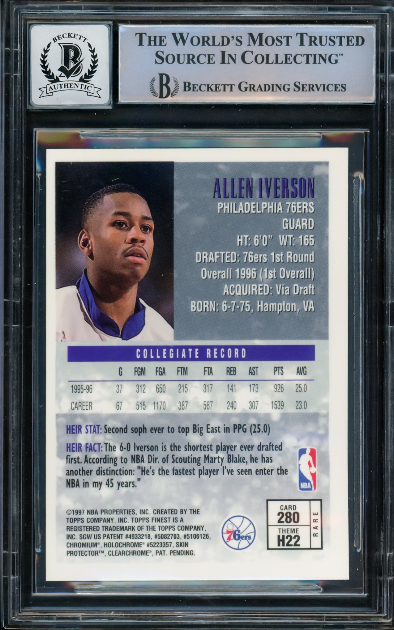 Allen Iverson Autographed 1996-97 Topps Finest Gold Rookie Card #280 Philadelphia 76ers Auto Grade Gem Mint 10 Beckett BAS #14866714