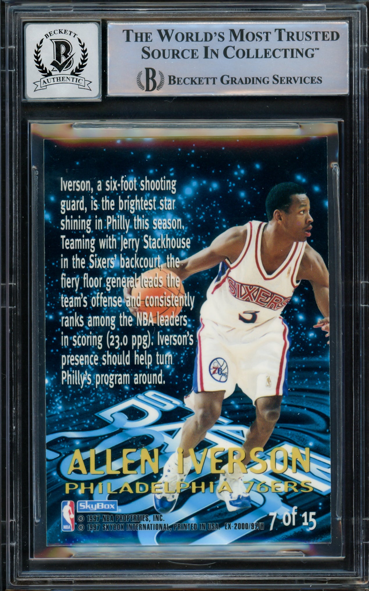 Allen Iverson Autographed 1996-97 E-X2000 Star Date Rookie Card #7 Philadelphia 76ers Auto Grade Gem Mint 10 Beckett BAS #14866785