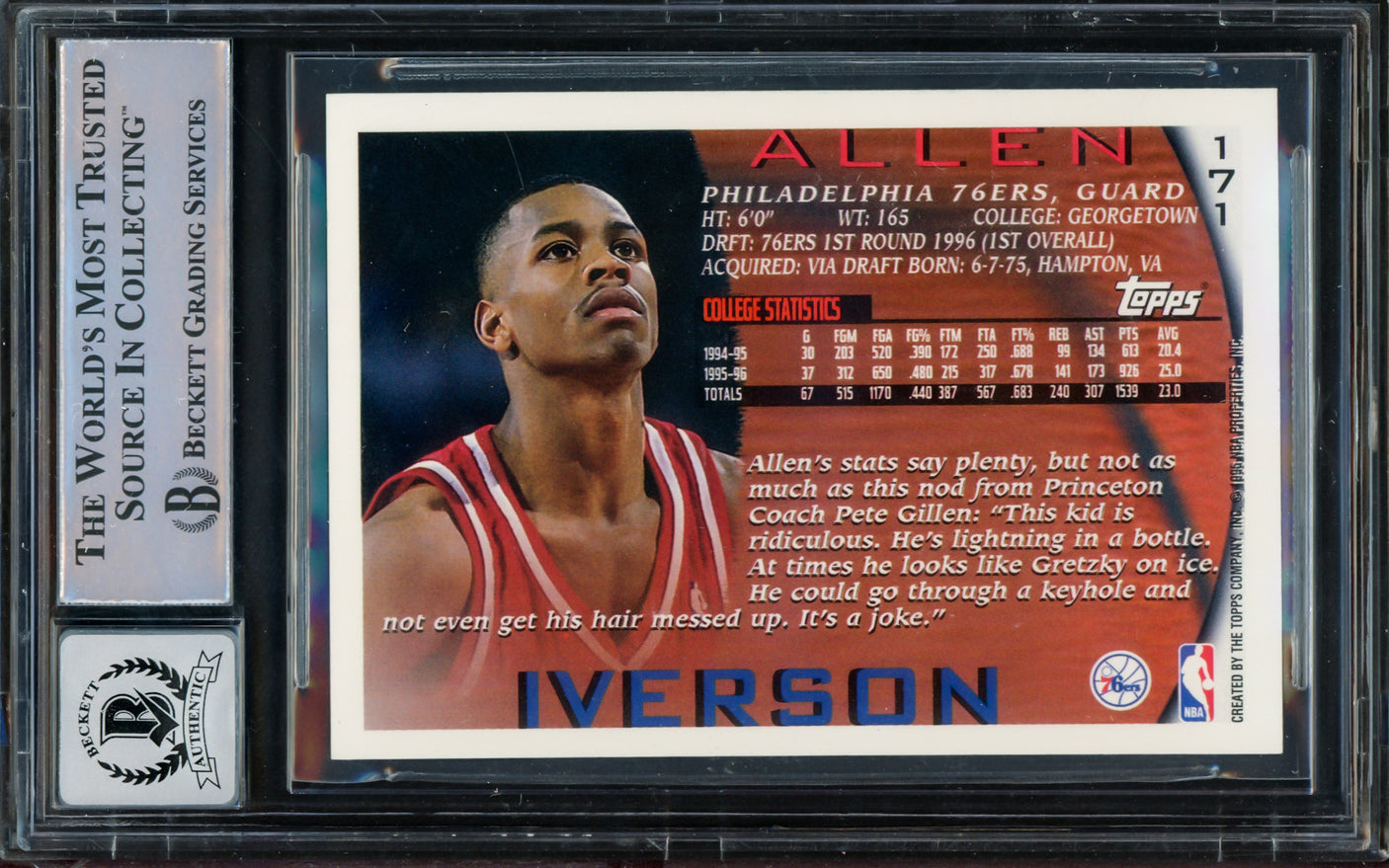 Allen Iverson Autographed 1996-97 Topps NBA at 50 Rookie Card #171 Philadelphia 76ers Auto Grade Gem Mint 10 Beckett BAS #14866797