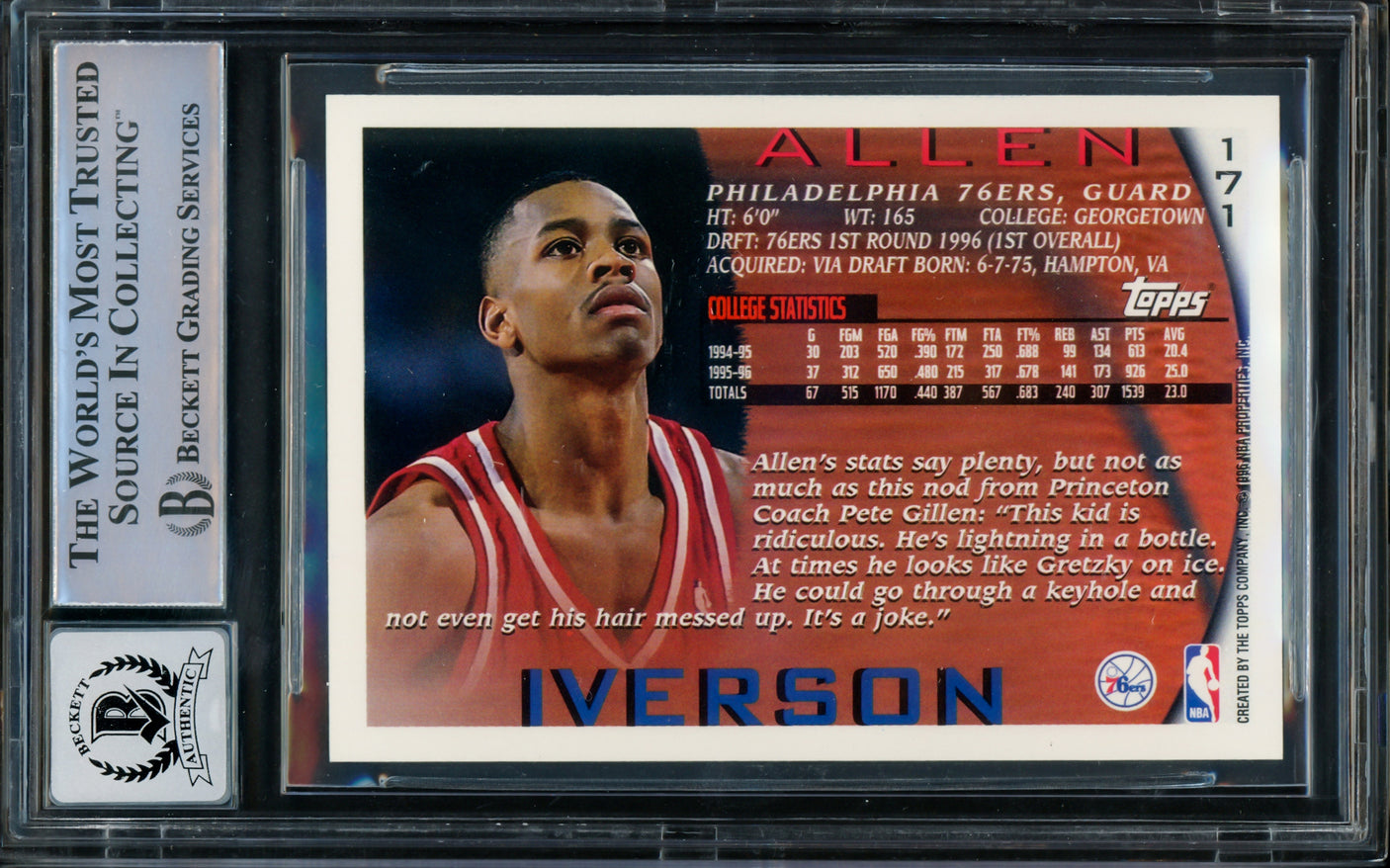 Allen Iverson Autographed 1996-97 Topps NBA at 50 Rookie Card #171 Philadelphia 76ers Auto Grade Gem Mint 10 Beckett BAS #14866798