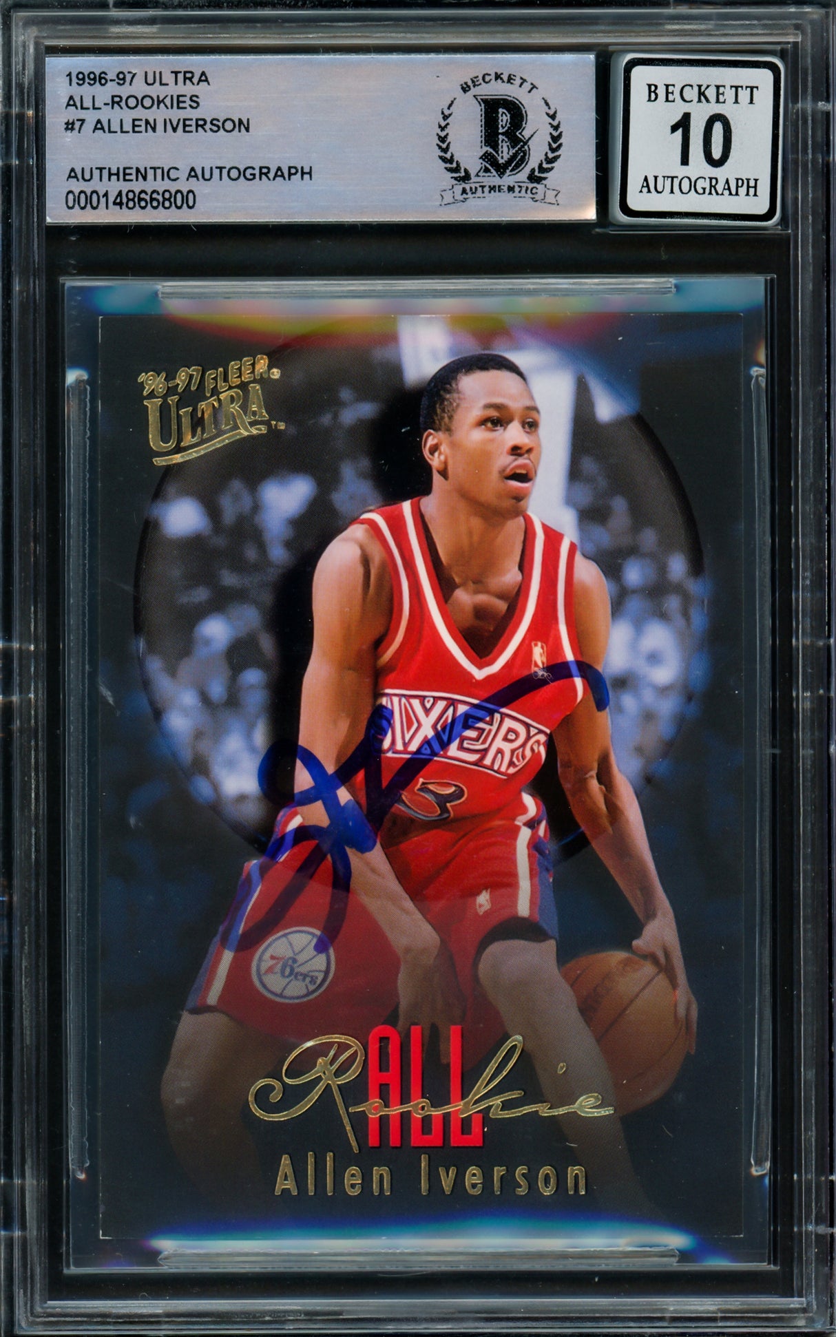 Allen Iverson Autographed 1996-97 Fleer Ultra All Rookie Card #7 Philadelphia 76ers Auto Grade Gem Mint 10 Beckett BAS #14866800