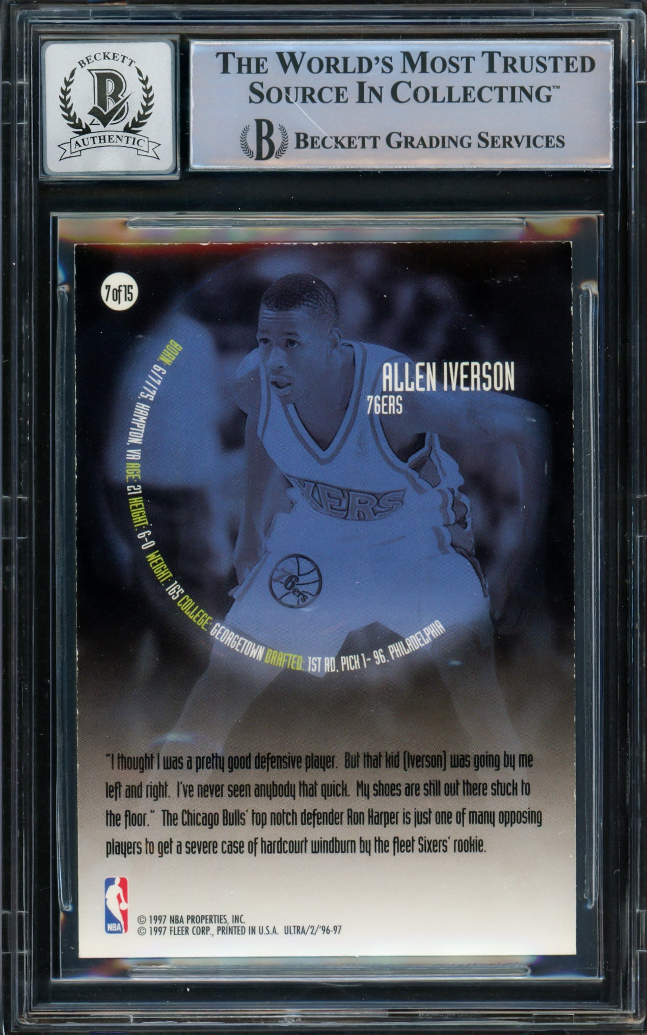 Allen Iverson Autographed 1996-97 Fleer Ultra All Rookie Card #7 Philadelphia 76ers Auto Grade Gem Mint 10 Beckett BAS #14866800