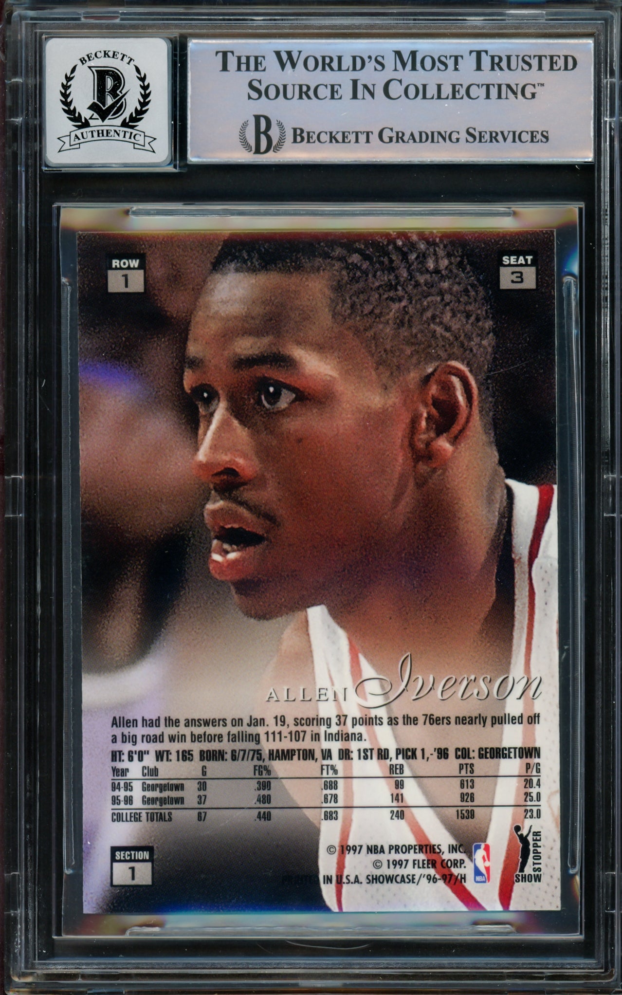 Allen Iverson Autographed 1996-97 Flair Showcase Rookie Card #Row 1 Philadelphia 76ers Auto Grade Gem Mint 10 Beckett BAS #14866805