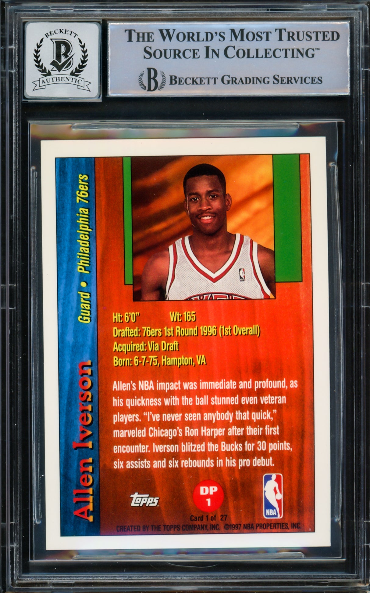 Allen Iverson Autographed 1996-97 Topps Draft Pick Rookie Card #DP1 Philadelphia 76ers Auto Grade Gem Mint 10 Beckett BAS #14866808