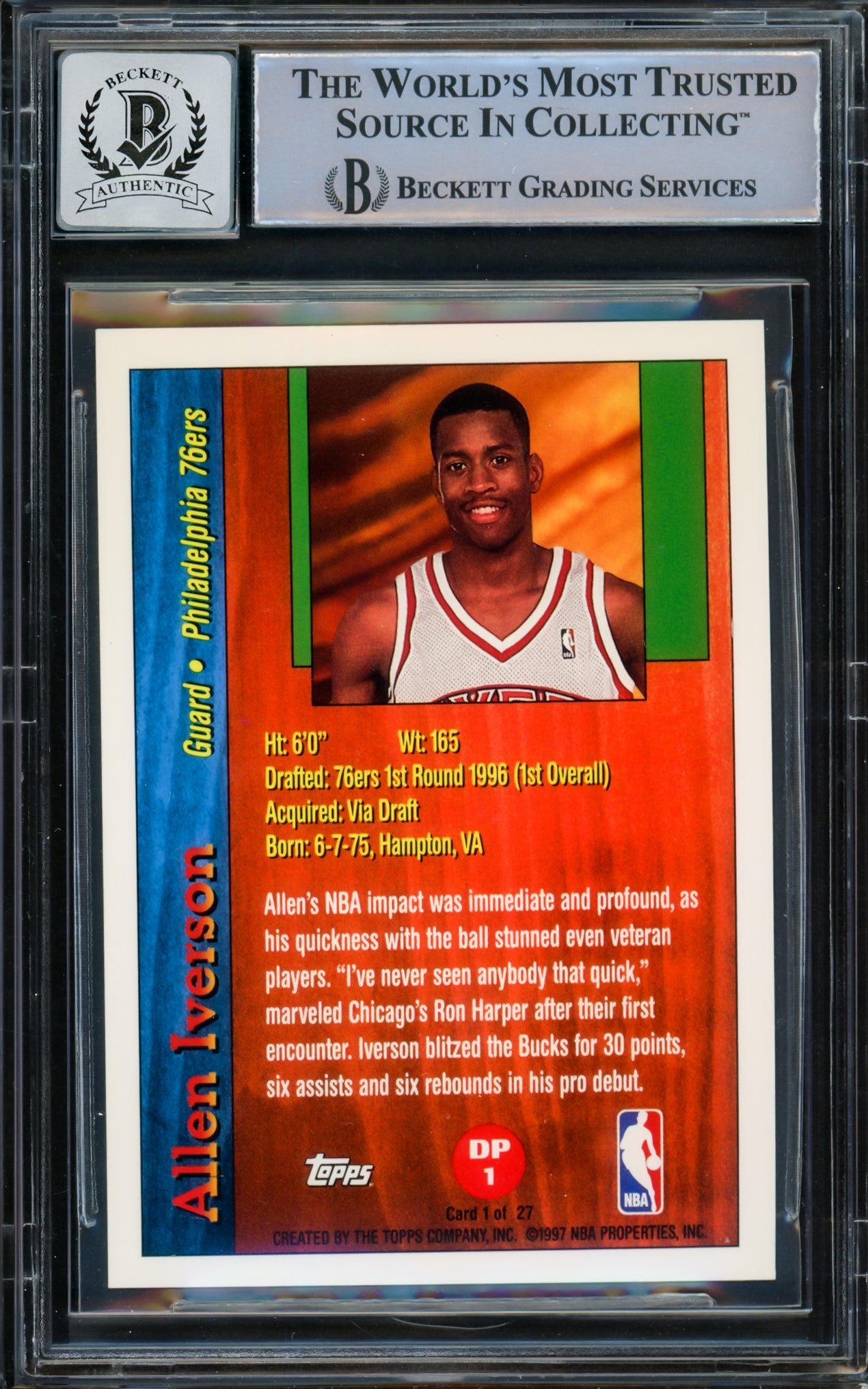 Allen Iverson Autographed 1996-97 Topps Draft Pick Rookie Card #DP1 Philadelphia 76ers Auto Grade Gem Mint 10 Beckett BAS #14866808