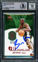 Gary Payton Autographed 2002-03 Fleer Premium Prime Time Jersey Card Seattle Supersonics Auto Grade Gem Mint 10 Patch Relic #80/100 Beckett BAS #14866835