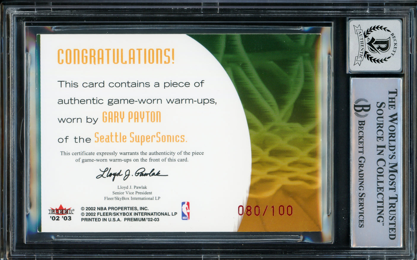 Gary Payton Autographed 2002-03 Fleer Premium Prime Time Jersey Card Seattle Supersonics Auto Grade Gem Mint 10 Patch Relic #80/100 Beckett BAS #14866835