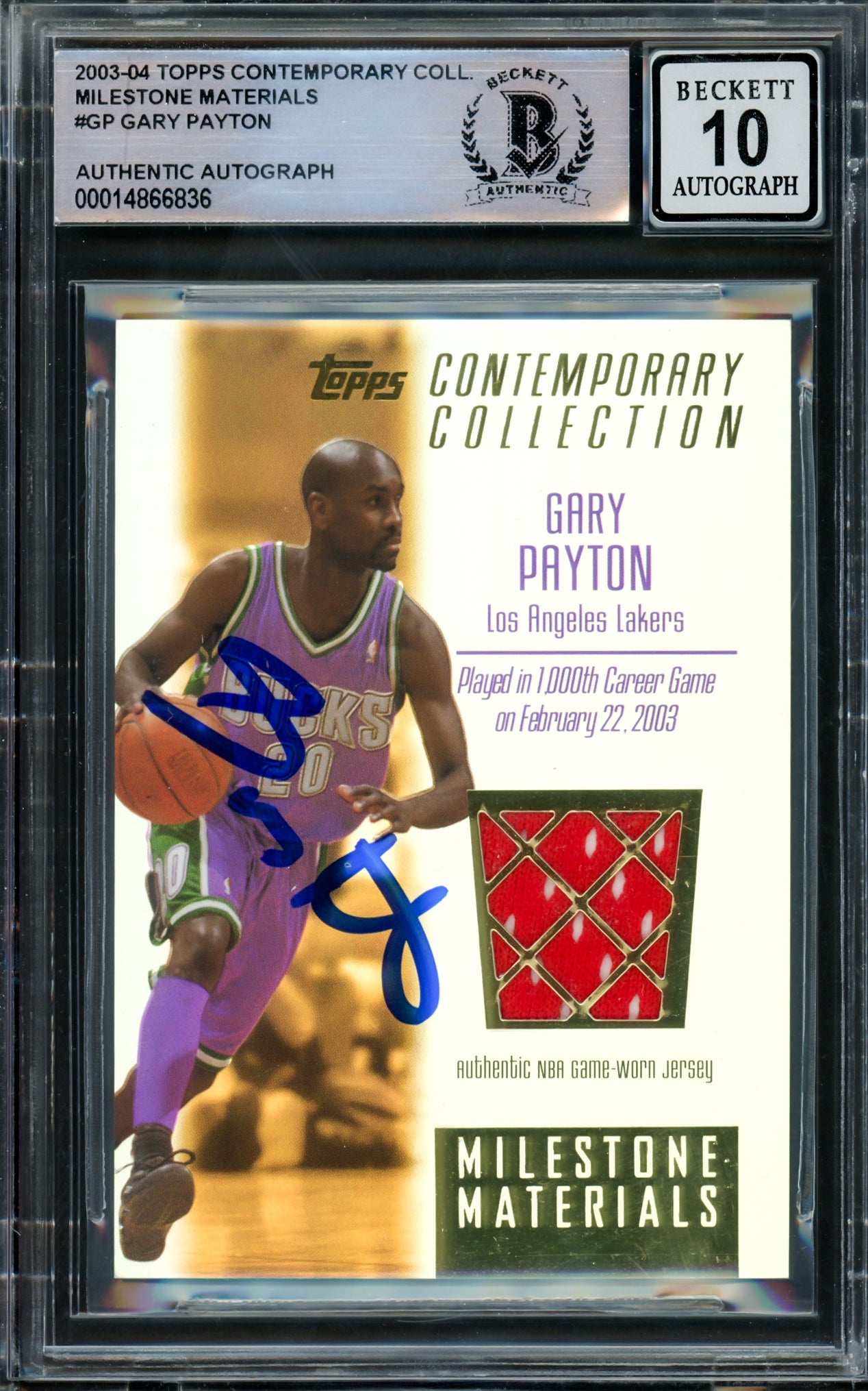 Gary Payton Autographed 2003-04 Topps Contemporary Collection Milestone Materials Card #MIM-GP Milwaukee Bucks Auto Grade Gem Mint 10 Jersey Patch Relic #166/250 Beckett BAS #14866836