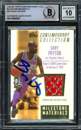 Gary Payton Autographed 2003-04 Topps Contemporary Collection Milestone Materials Card #MIM-GP Milwaukee Bucks Auto Grade Gem Mint 10 Jersey Patch Relic #166/250 Beckett BAS #14866836