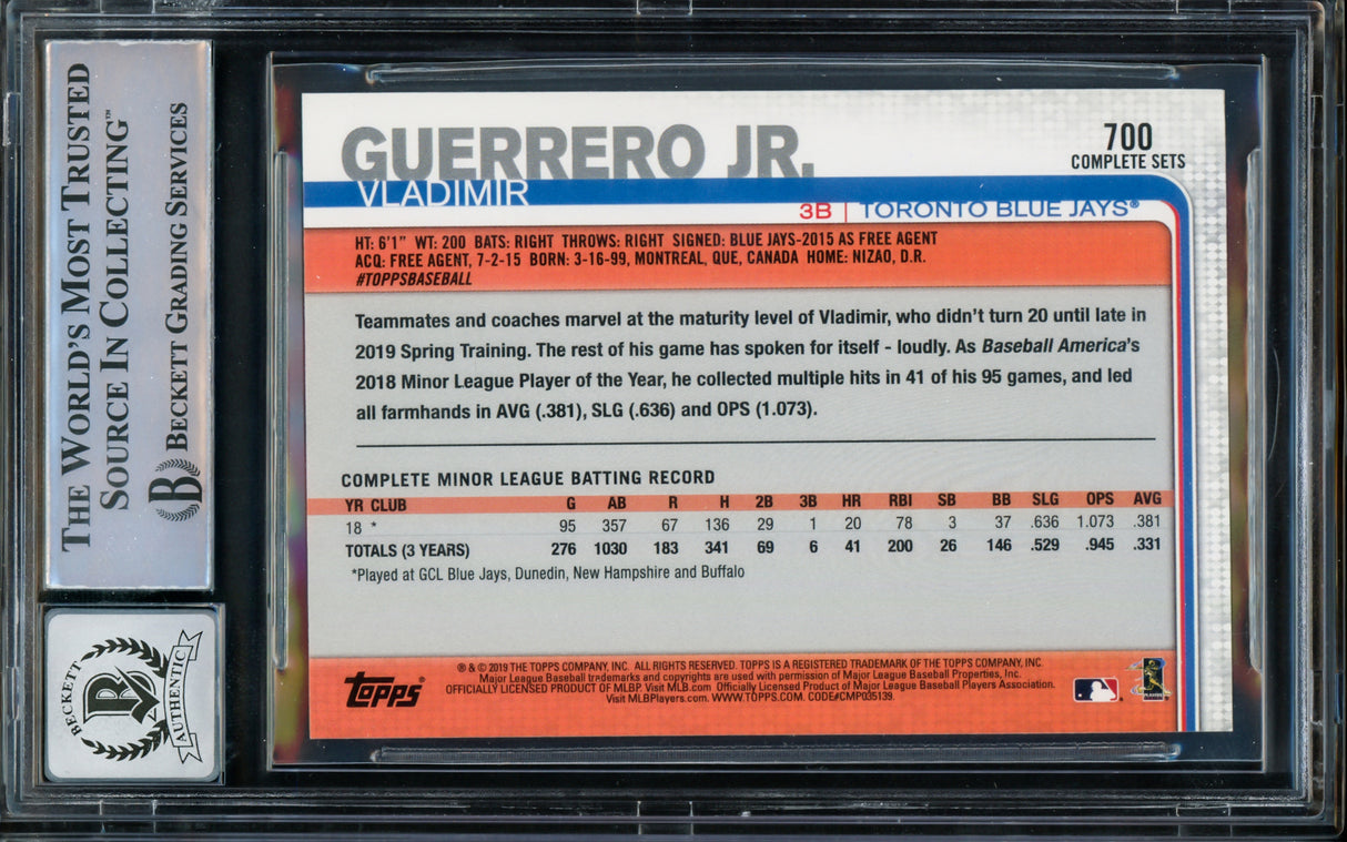 Vladimir Guerrero Jr. Autographed 2019 Topps Complete Set Rookie Card #700 Toronto Blue Jays Auto Grade Gem Mint 10 Beckett BAS #14866867