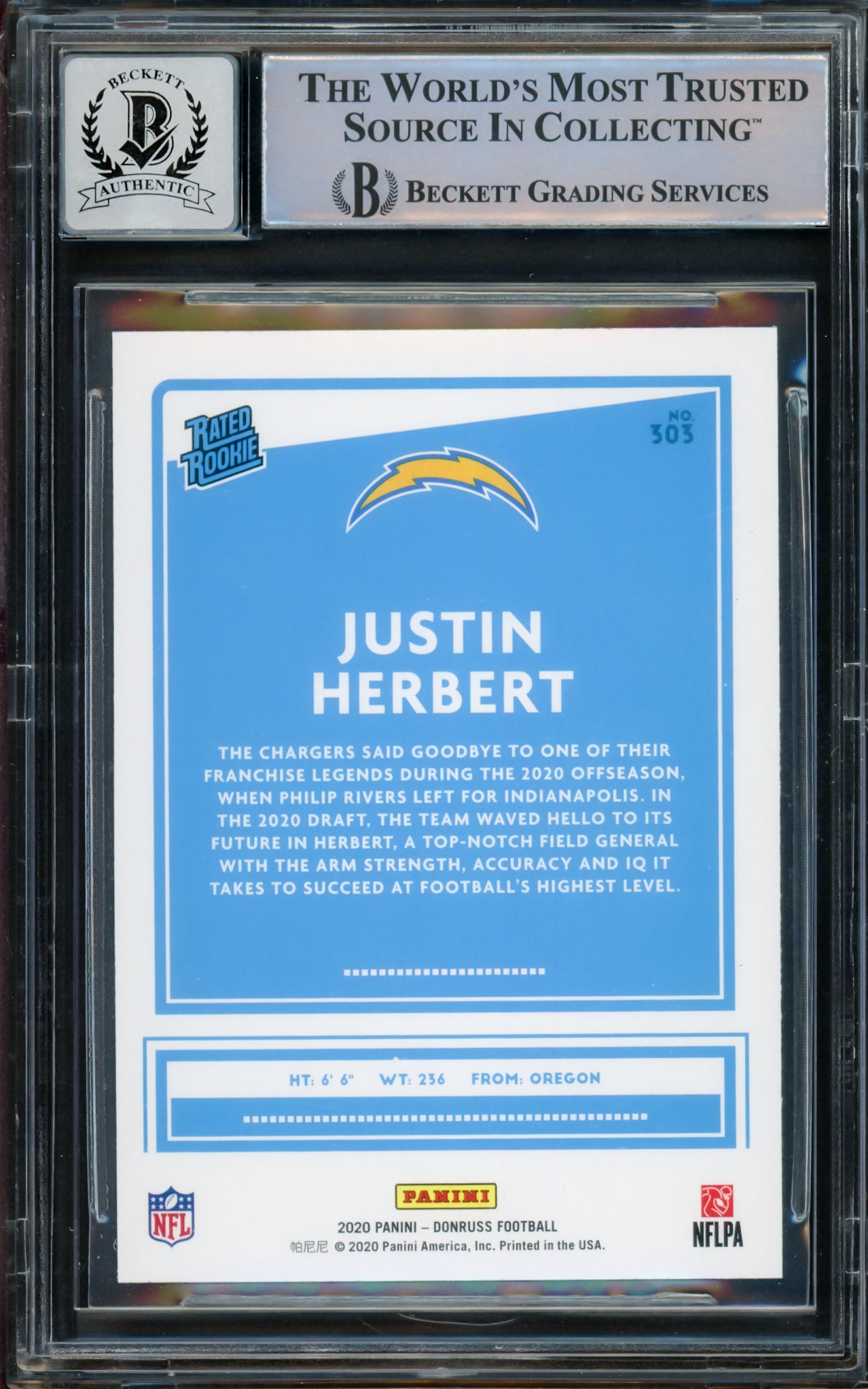 Justin Herbert Autographed 2020 Panini Donruss Rated Rookie Yellow Rookie Card #303 Los Angeles Chargers Auto Grade Gem Mint 10 Beckett BAS #14867187