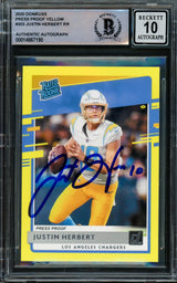 Justin Herbert Autographed 2020 Panini Donruss Rated Rookie Yellow Rookie Card #303 Los Angeles Chargers Auto Grade Gem Mint 10 Beckett BAS #14867190