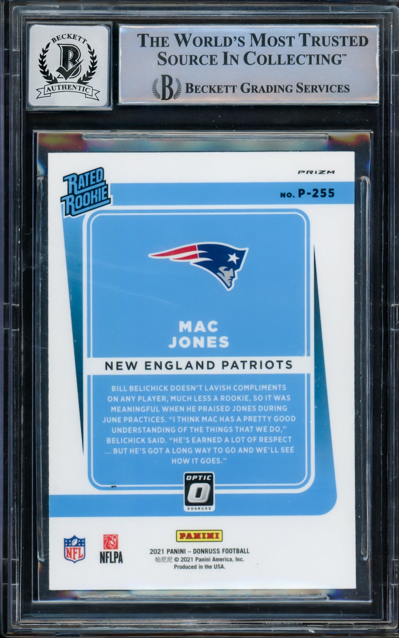 Mac Jones Autographed 2021 Donruss Optic Preview Purple Rookie Card #P-255 New England Patriots Auto Grade Gem Mint 10 Beckett BAS #14867231