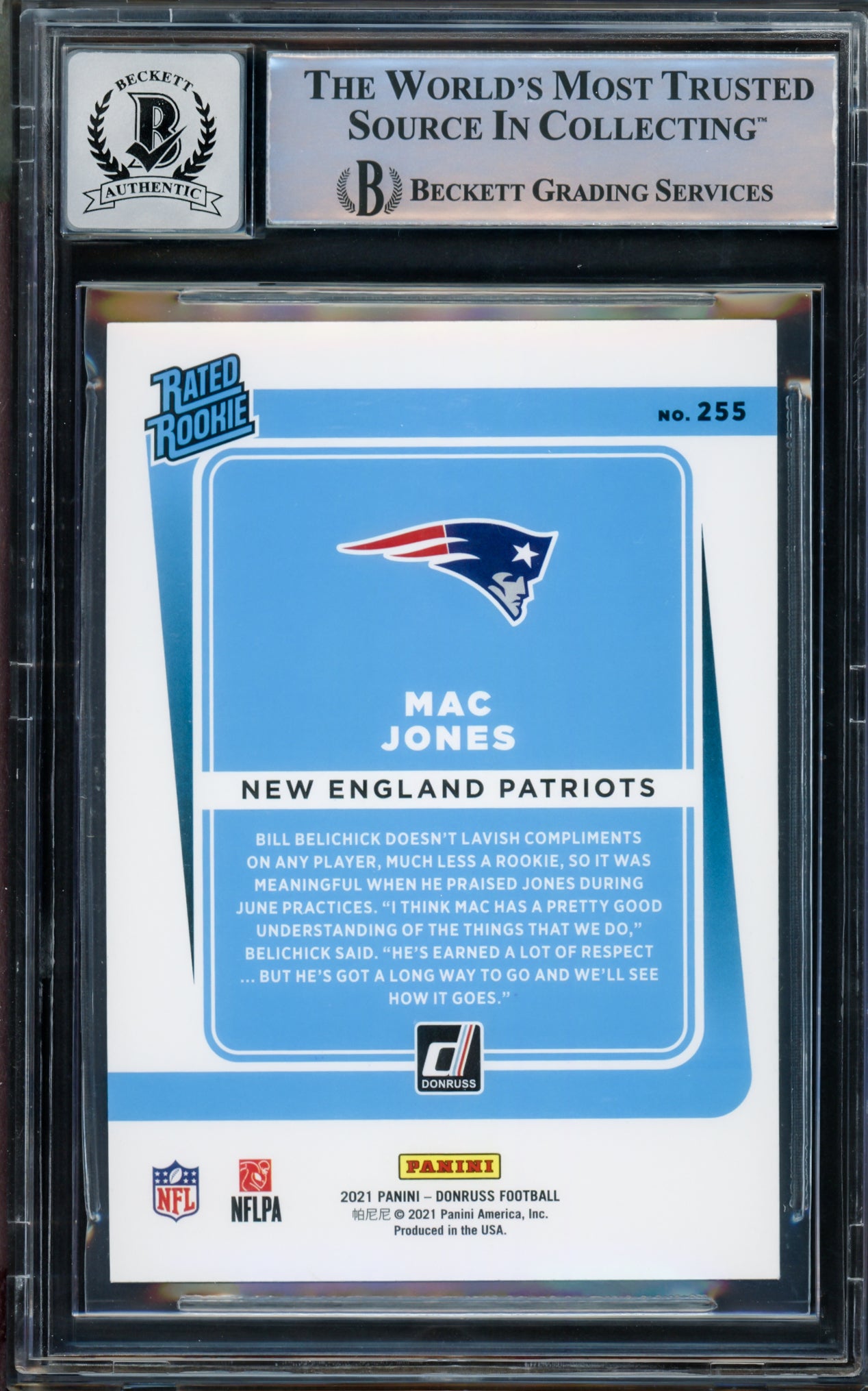 Mac Jones Autographed 2021 Donruss Rated Rookie Green Press Proof Rookie Card #255 New England Patriots Auto Grade Gem Mint 10 Beckett BAS #14867217