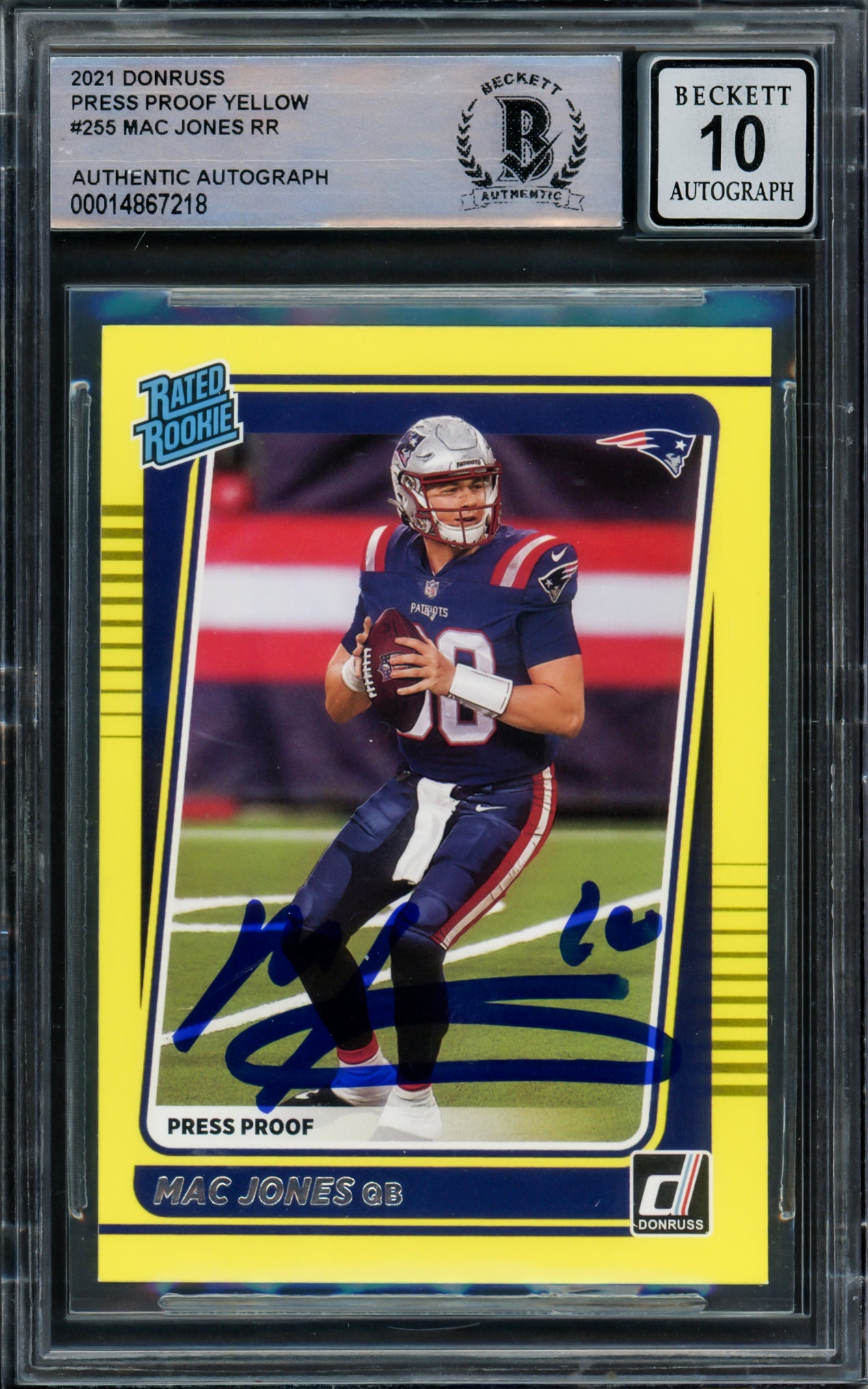 Mac Jones Autographed 2021 Donruss Rated Rookie Yellow Press Proof Rookie Card #255 New England Patriots Auto Grade Gem Mint 10 Beckett BAS #14867218