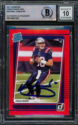 Mac Jones Autographed 2021 Donruss Rated Rookie Red Press Proof Rookie Card #255 New England Patriots Auto Grade Gem Mint 10 Beckett BAS #14867220