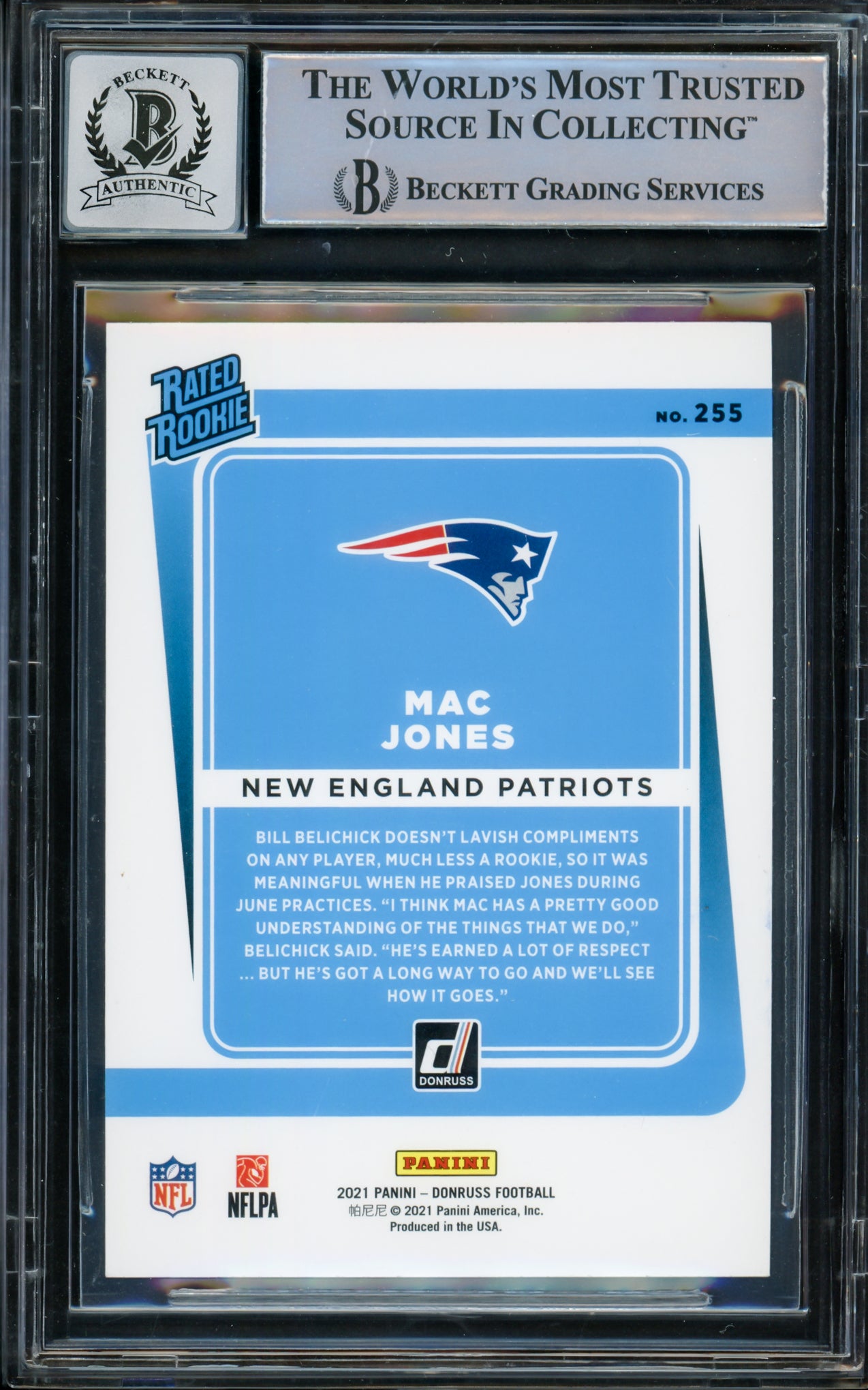 Mac Jones Autographed 2021 Donruss Rated Rookie Red Press Proof Rookie Card #255 New England Patriots Auto Grade Gem Mint 10 Beckett BAS #14867219